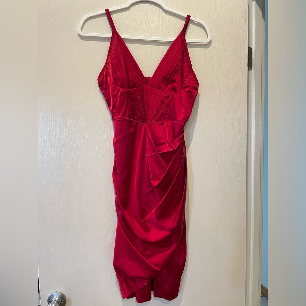 Amazon dress, red silky material, corset top. Size small hemmed at the bottom.